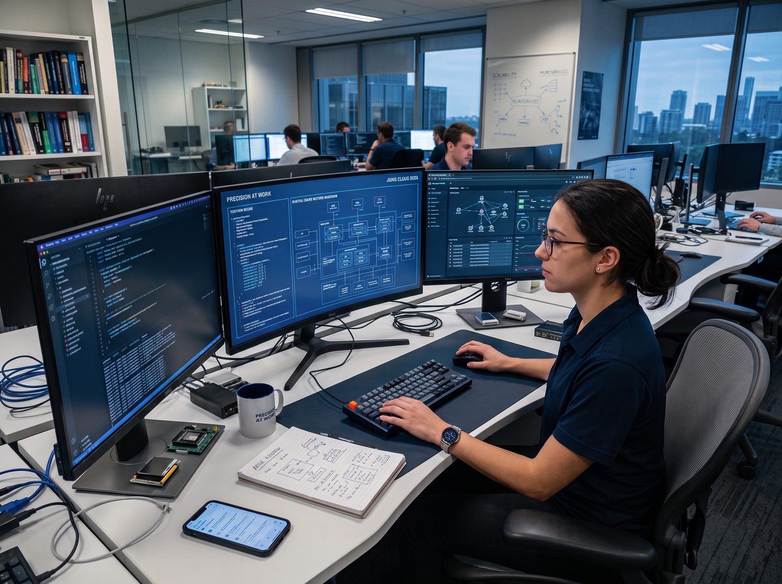 Software development workstation with multiple displays and an architecture diagram